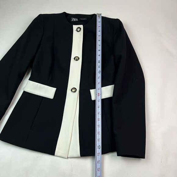 ZARA Black White Trim Blazer Gold Crest Buttons Jacket Collarless Size M Ladies - Picture 8 of 15